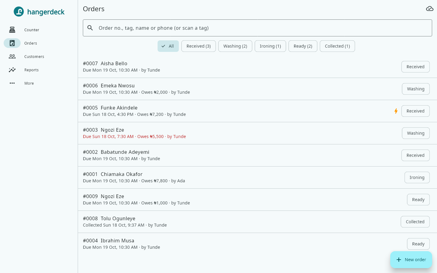 Find an order in Orders by number, tag, name or phone. Open it and move it along: Washing, Ironing, Ready.