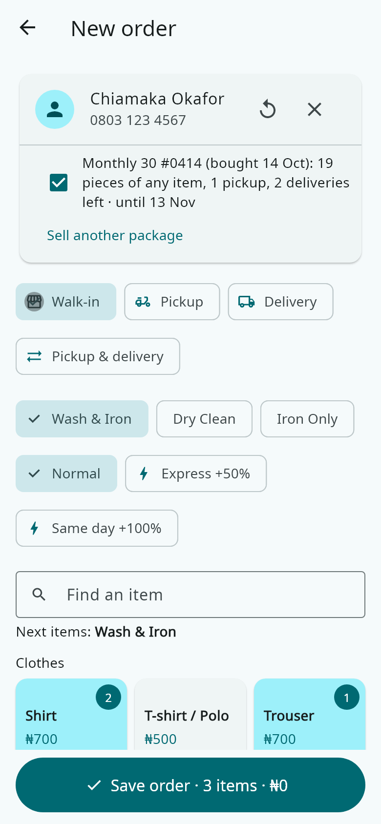 At drop-off, the customer's packages show with what is left. Covered pieces cost nothing, and extras are charged on the same bill. Every receipt shows what was used and what is left.