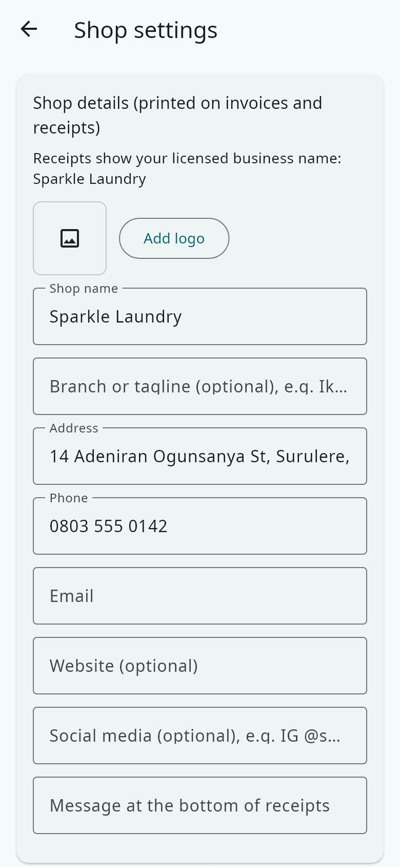 Open More → Shop settings and choose your receipt paper: 58mm, 80mm or A4.