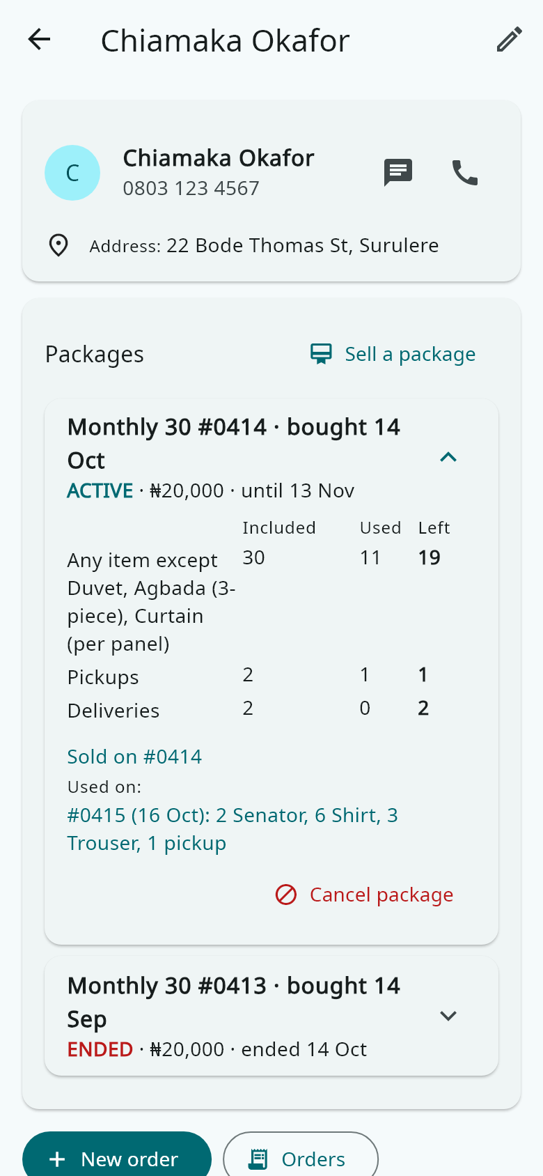 The customer's page lists every package they bought: what is included, used and left, and the orders that used it. A manager can cancel one sold by mistake.