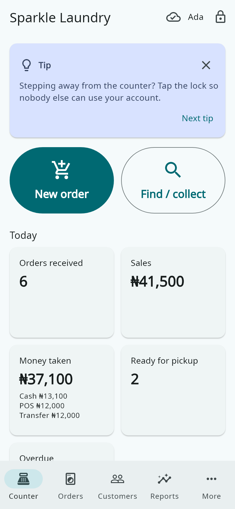 Hangerdeck counter screen showing today's orders and money
