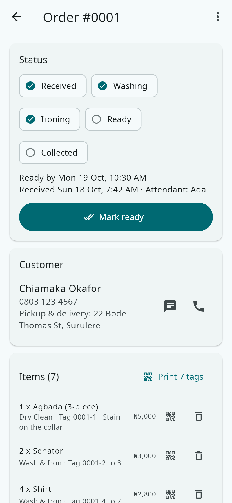 Order page with print and WhatsApp buttons